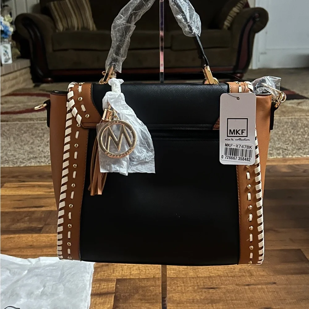 MKF Collection by Mia K Flora ~ Brown/Beige Leather W/ Flora Satchel Bag ~ New - Picture 7 of 16